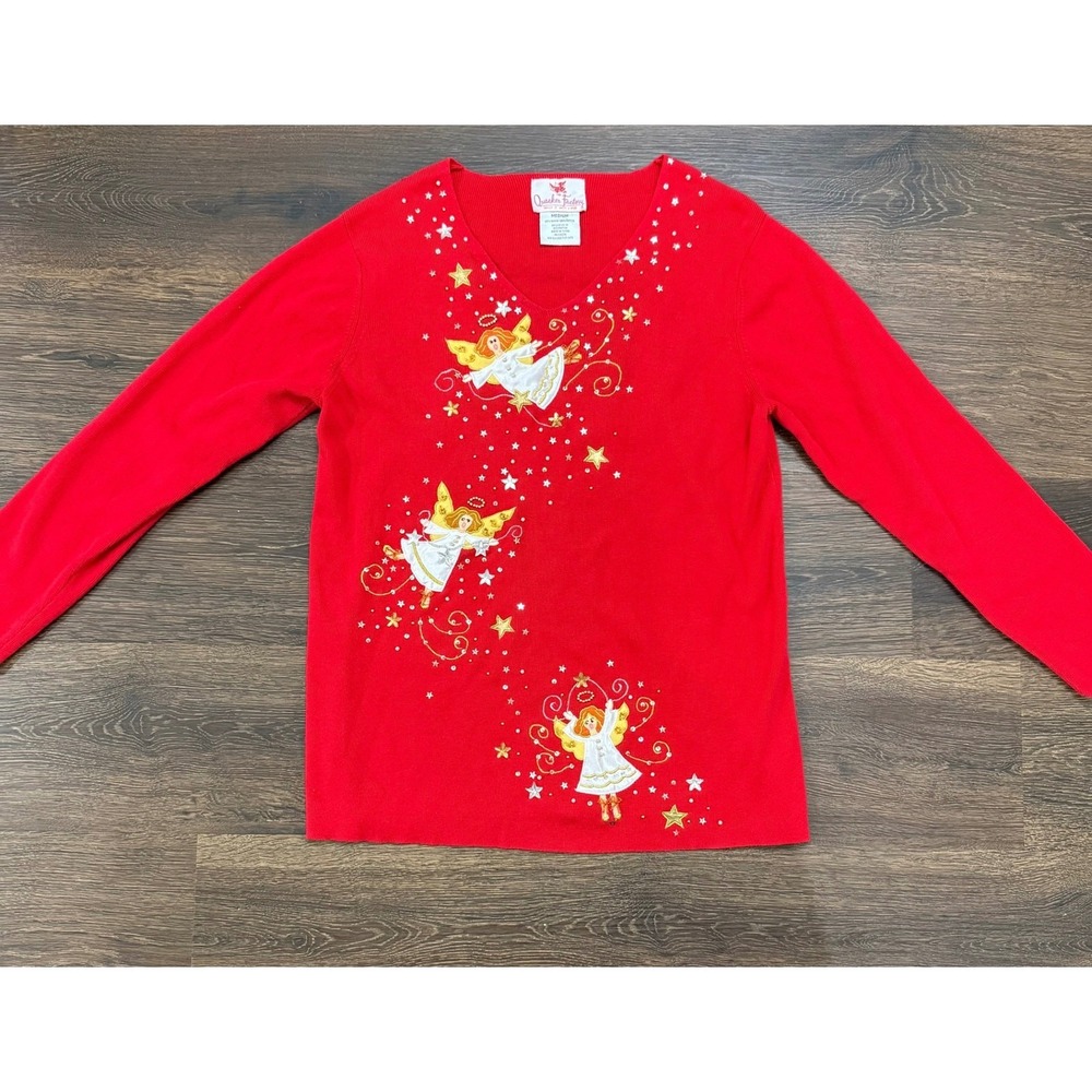 Quacker Factory Red Angel Ugly Christmas Sweater Women Medium Beaded Holiday